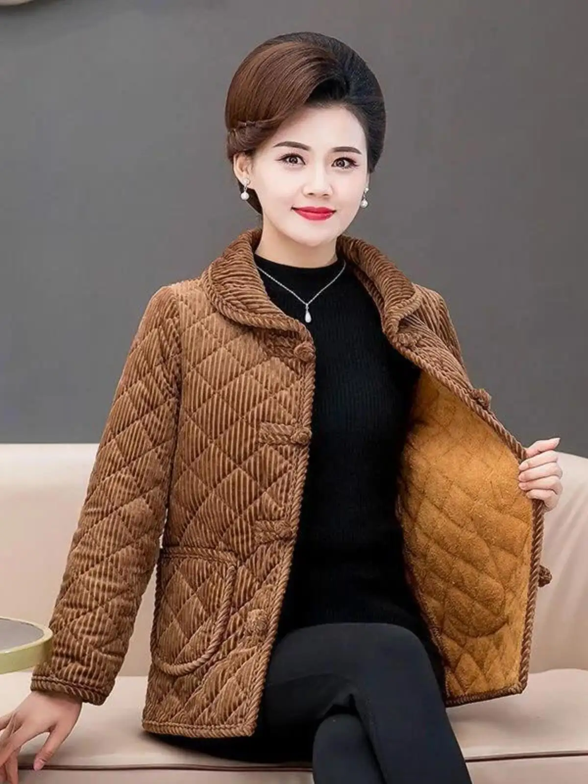 Middle-Aged and Elderly Middle-aged Women Dress Winter New Corduroy Buckle Cotton-Padded Coat Fleece-lined Long sleeve Outerw...