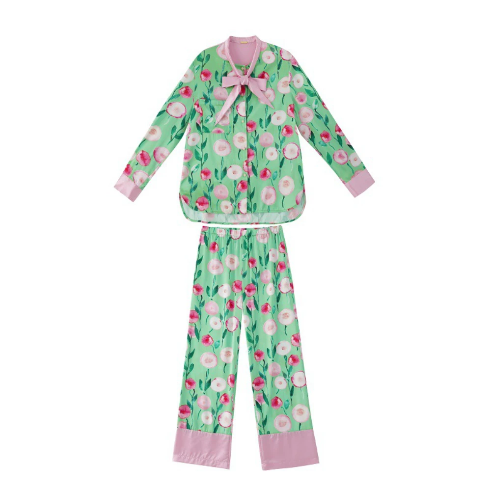 Maison Gabrielle 2022 Spring Summer New Printed Pajamas Set Koungewear Sleepwear for Women 2 Piece Long Sleeve Silk Chinoirserie