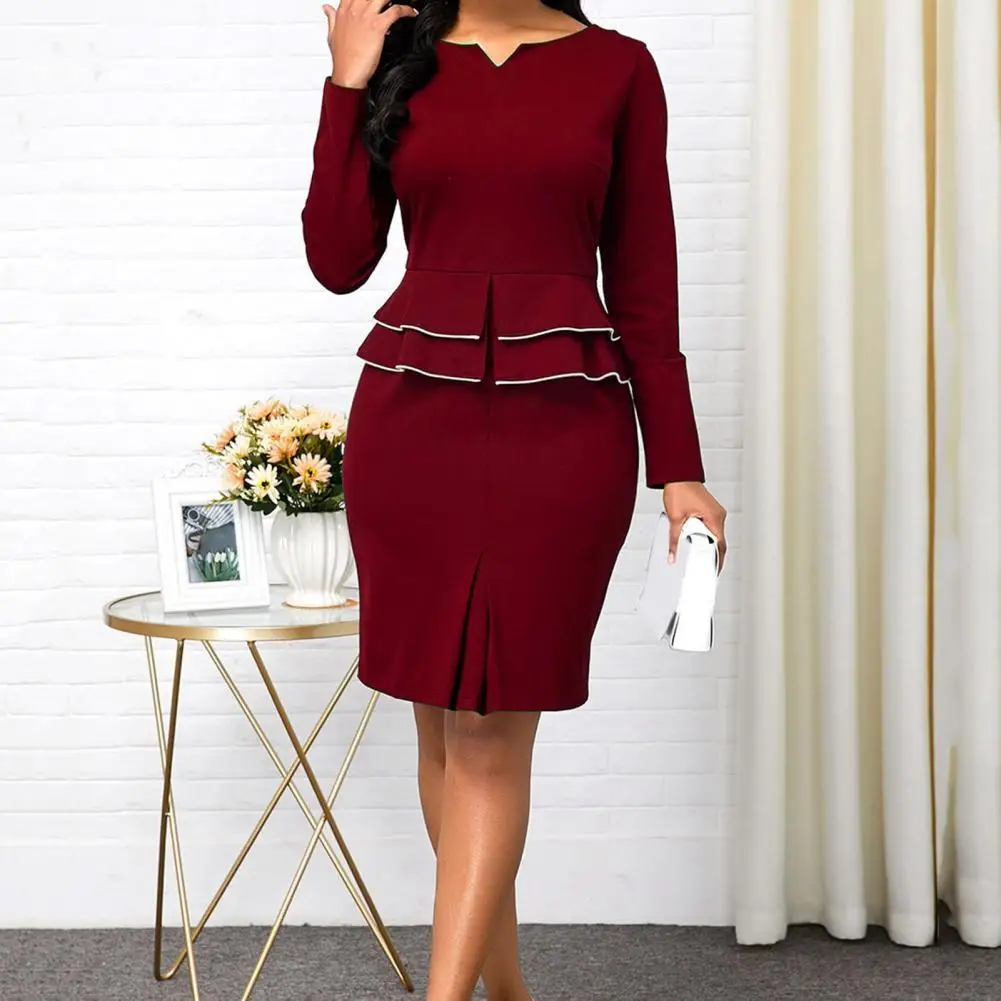 

Skirt 2Pcs/Set Blouse Suit for Office Ruffle Solid Color Business Women Skirt Suit Slim Pencil for Office