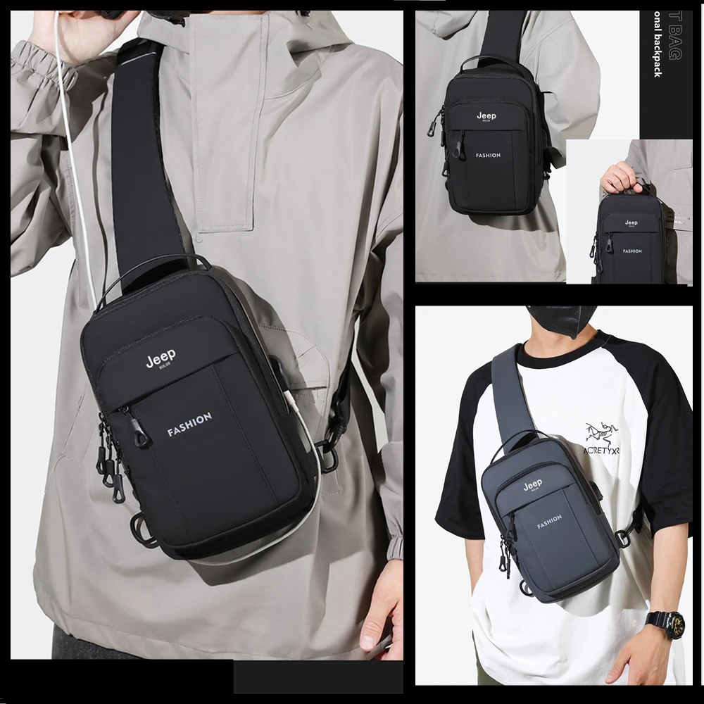 JEEP BULUO USB Crossbody Shoulder Bags High Quality Men Chest Anti-theft Fashion Travel PackSling Safety Lock Male