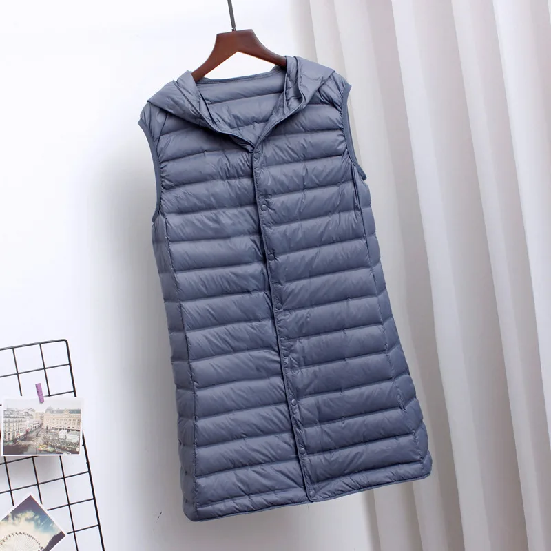 

Long Puffer Women Waistcoat Sleeveless Autumn Winter Ultra Light Hooded Down Vest Female Seamless Duck Down Coat Chaqueta Mujer