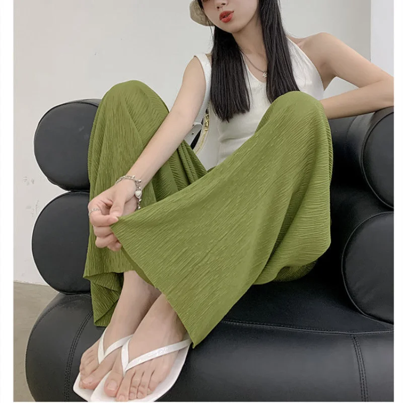 

High Waist Pleated Ice Silk Wide Leg Pants Summer Thin Style Draping Sunscreen Anti-mosquito Chiffon Loose and Thin Moped Pants