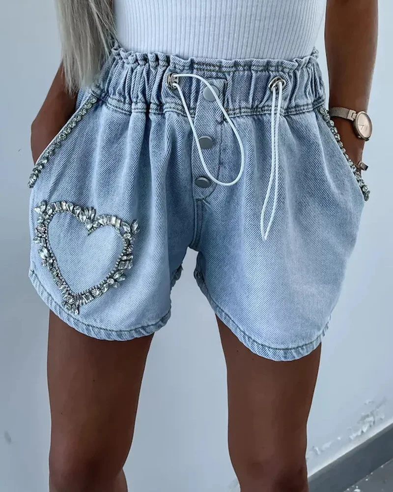 

Женские джинсовые шорты со шнуровкой и карманами, однотонные пикантные шорты с завышенной талией и пуговицами в форме сердца на лето
