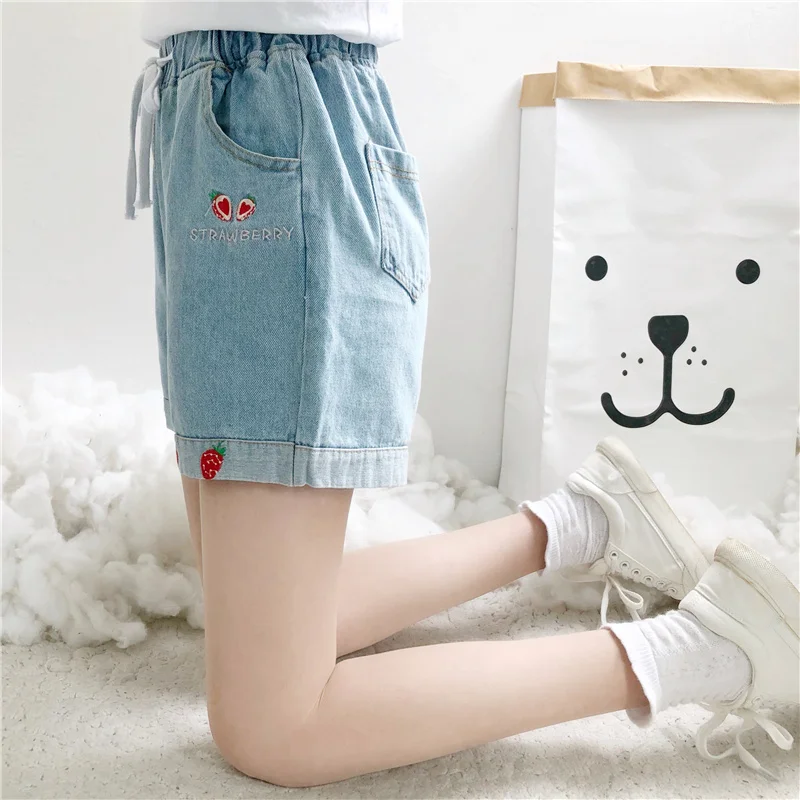 High Waisted Bottoms Summer Loose Kawaii Jeans Strawberry Embroidery Women Denim Shorts Girls 2021 Cute Casual Shorts Fashion