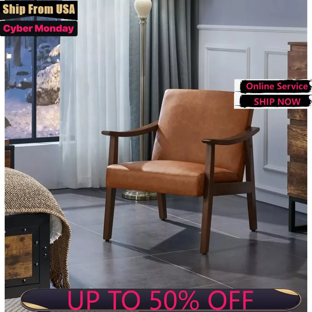

Mid-Century Modern Accent Chair with Wooden Frame, Warm Brown Faux Leather,accent chair for living room