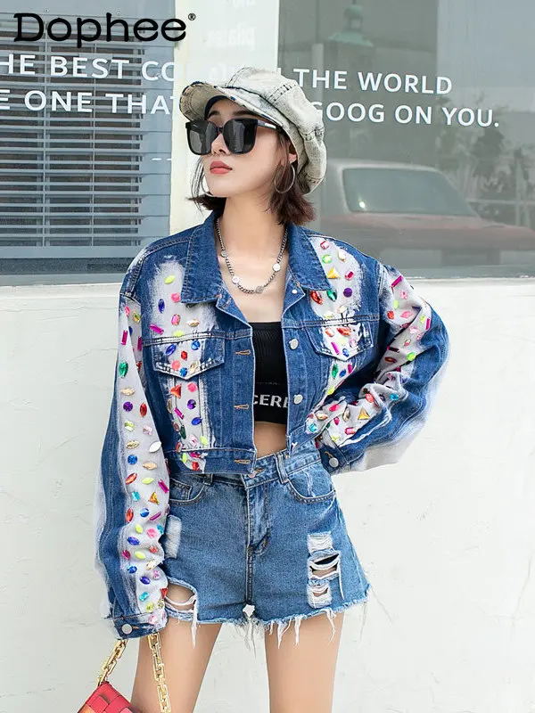 Personalized Tie-Dyed Blue and White Short Denim Jacket  Colorful Crystal SWomen Loose-Fitting High Waist Jean Coat Autumn 2022