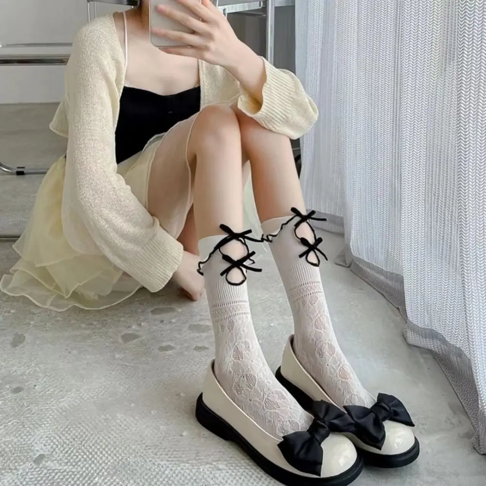 

Delicate Embroidery Ruffle Calf Socks Sweet Lovely Fairy Middle Tube Socks Trendy JK Style Flower Bow Socks