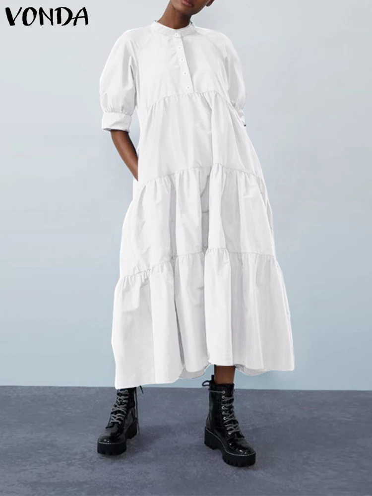 

Bohemian Dress 2022 VONDA Women Sundress Female Casual Puff Sleeve Ruffled Dress Robe Femme Buttons Beach Party Vestido