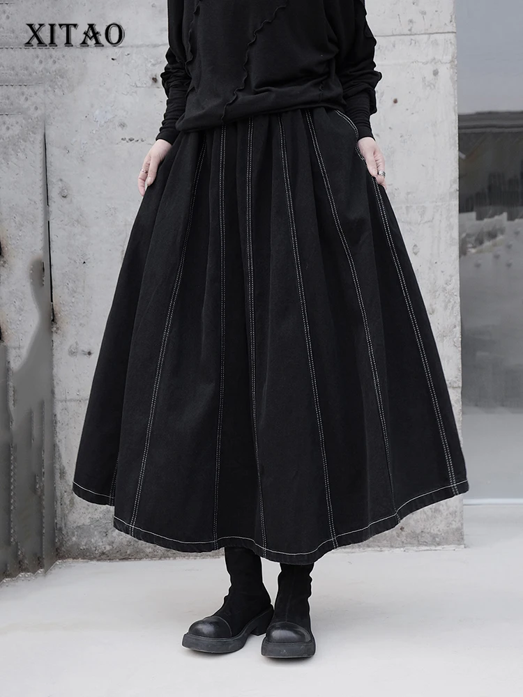 XITAO Black Casual Skirt Loose Fashion Simplicity Temperament Open Line Design A-ling Skirt Autumn Winter All-match WLD13457c