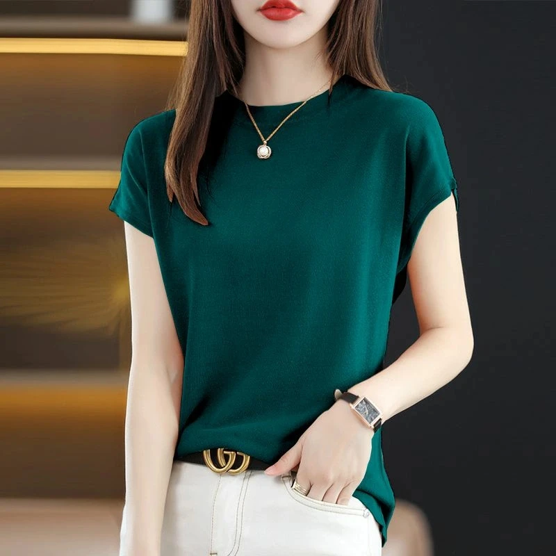

Spring Summer 2023 Women Cotton Soft Pullover Female Comfortable Casual Elastic Knitted T-Shirts O Neck Thin Apricot Korean Tops