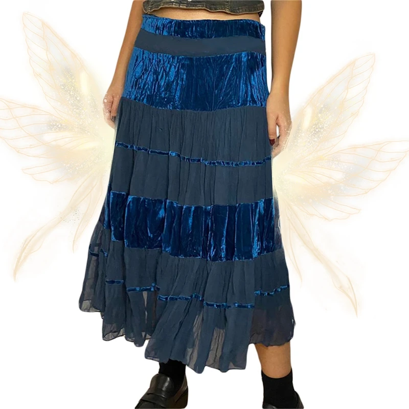 

Vintage Fiary Long Skirts Women Blue Patchwork Pleated Skirt Grunge Harajuku High Waist Midi Skirt Boho Holiday