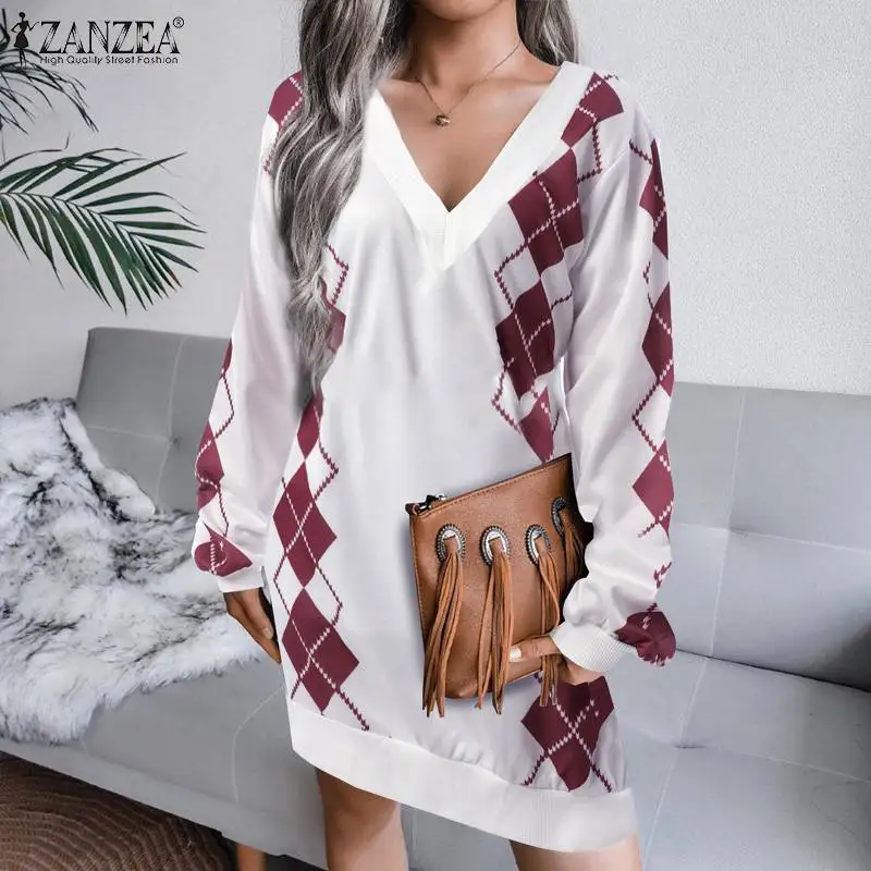

ZANZEA Women Casual V Neck Loose Sundress Fashion Printed Sweatshirts Dresses 2022 Spring Autumn Long Sleeve Mini Dress Vestidos