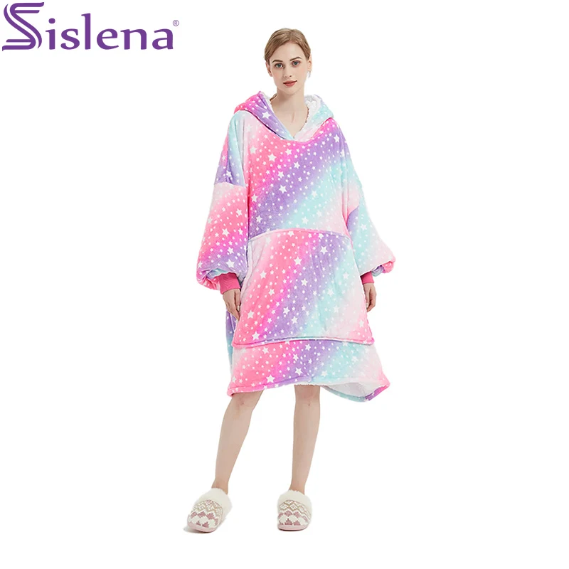 

1.3KG Oversized Hoodie Rainbow Blanket with Sleeves Winter Fleece Sweatshirt Women Soft Double Weighted Blanket Christmas Gift