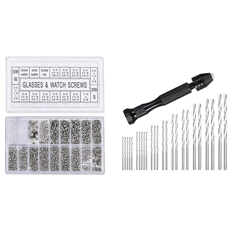

1000Pcs Stainless Steel Eyeglasses Watch Repair Screw Replacement Kit With Hand Drill Set Precision Pin Vise