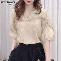 embroidery lace spring linen cotton shirt tops casual girls white blouse women long sleeve oversized women blouses femme 11700