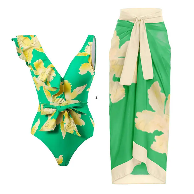 Swimwear Bodysuit Bikini Sets Women Bodysuit And Skirt Bathing Suit Fashion New Print Patchwork Beach Holiday Cover Ups Outfits