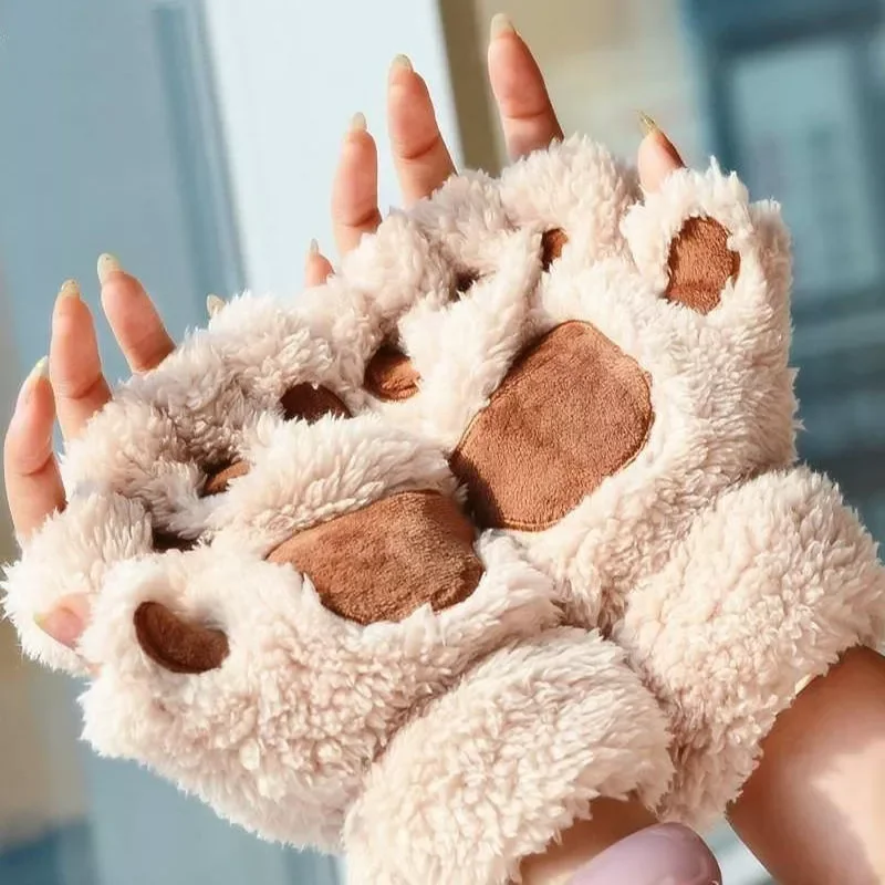 

New in Warm Plush Cat paw Gloves Fingerless Flip Half Finger Mittens Women Winter Cute Cat Paw Fluffy Velvet Glove Girls Studen