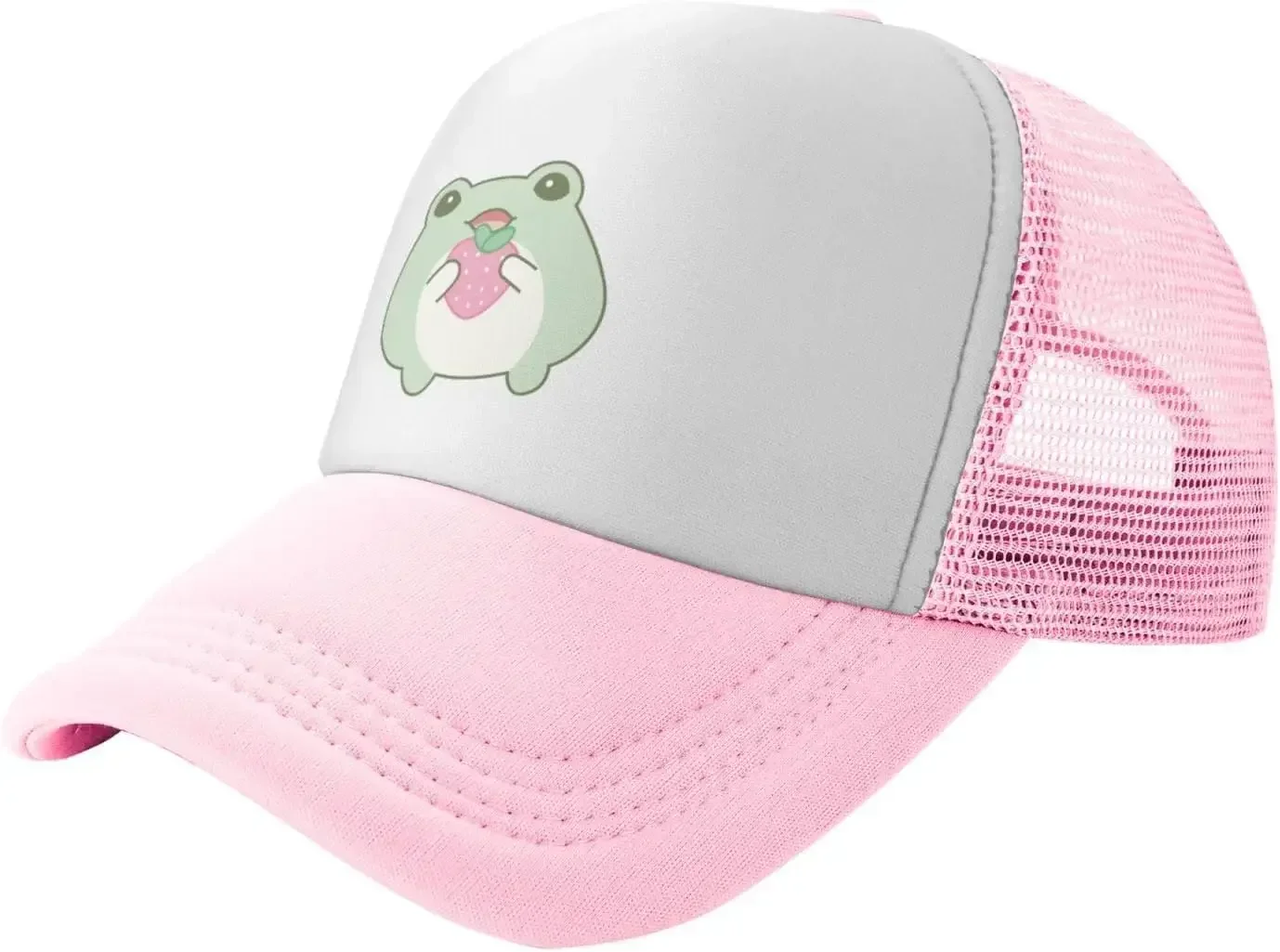 Фото Новая сетчатая бейсболка-тракер в стиле Dad Hat, регулируемая, с эффектом потертости, с забавным принтом лягушки и клубники №2