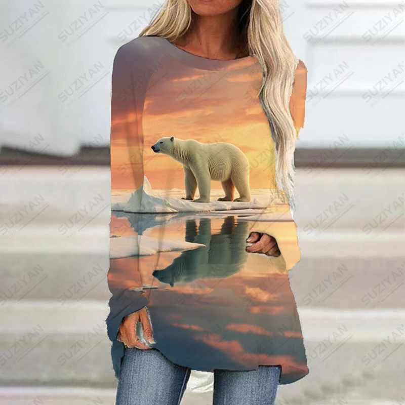 

Spring and Autumn High -quality Long -sleeved Dress Outdoor Leisure Female Dress Polar Bear 3D Printed Dress Large Size Dress