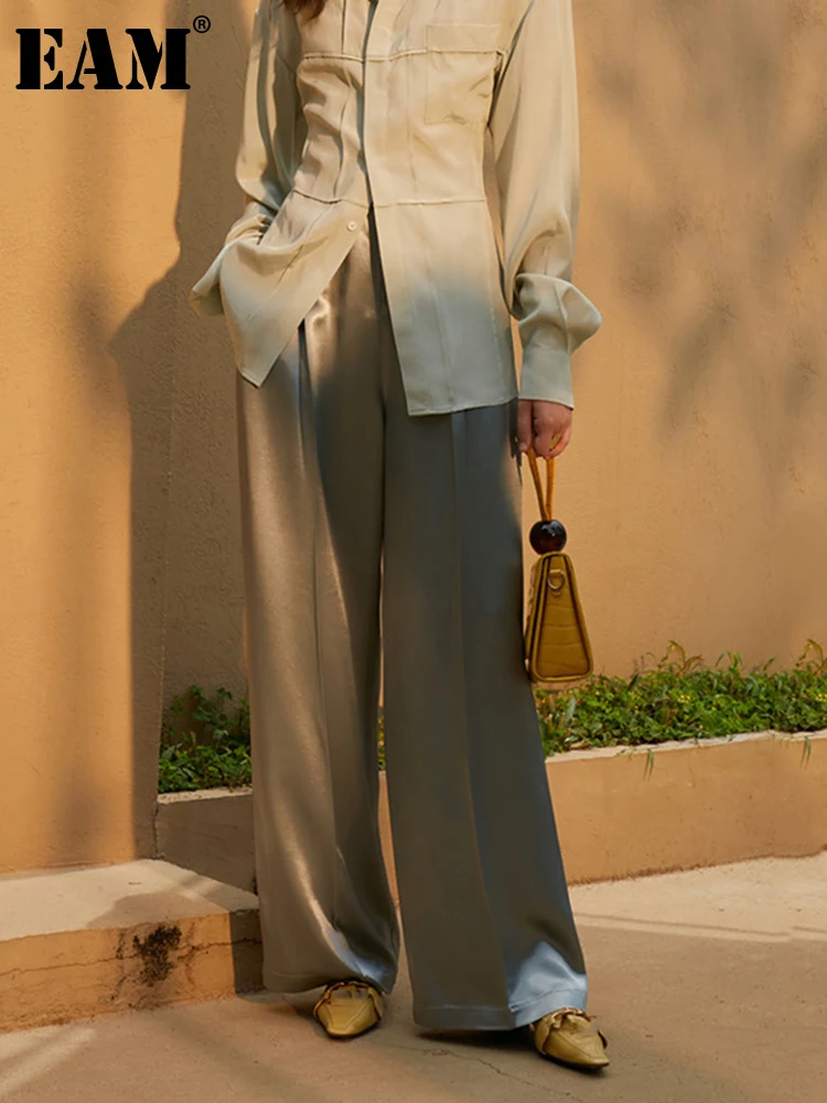

[EAM] High Waist Gray Satin Brief Long Wide Leg Trousers New Loose Fit Pants Women Fashion Tide Spring Autumn 2022 1DD0292