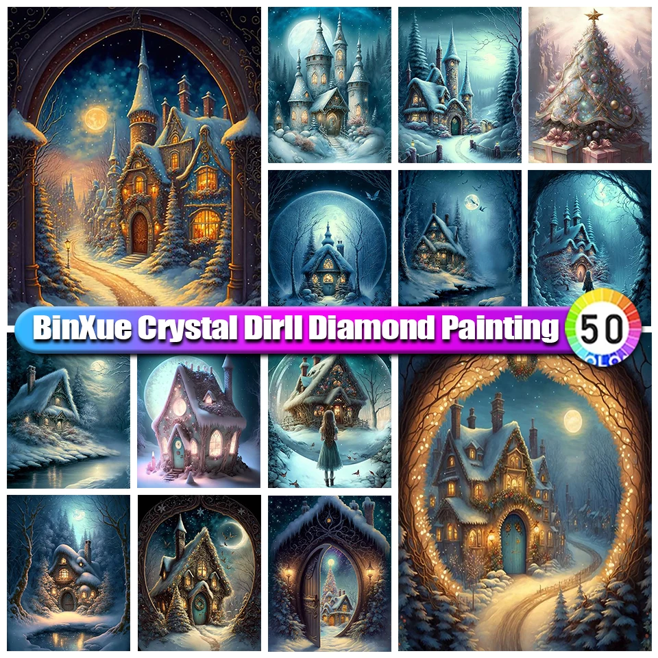 

BinXue 5D DIY пейзаж Снежный дом полный круглый кристалл алмазная живопись лунный замок вышивка крестиком деревья мозаика ручной работы домашни...