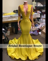 sexy yellow mermaid prom dress for black girls 2022 beads long sleeve deep v neck birthday party evening gowns formal aso ebi