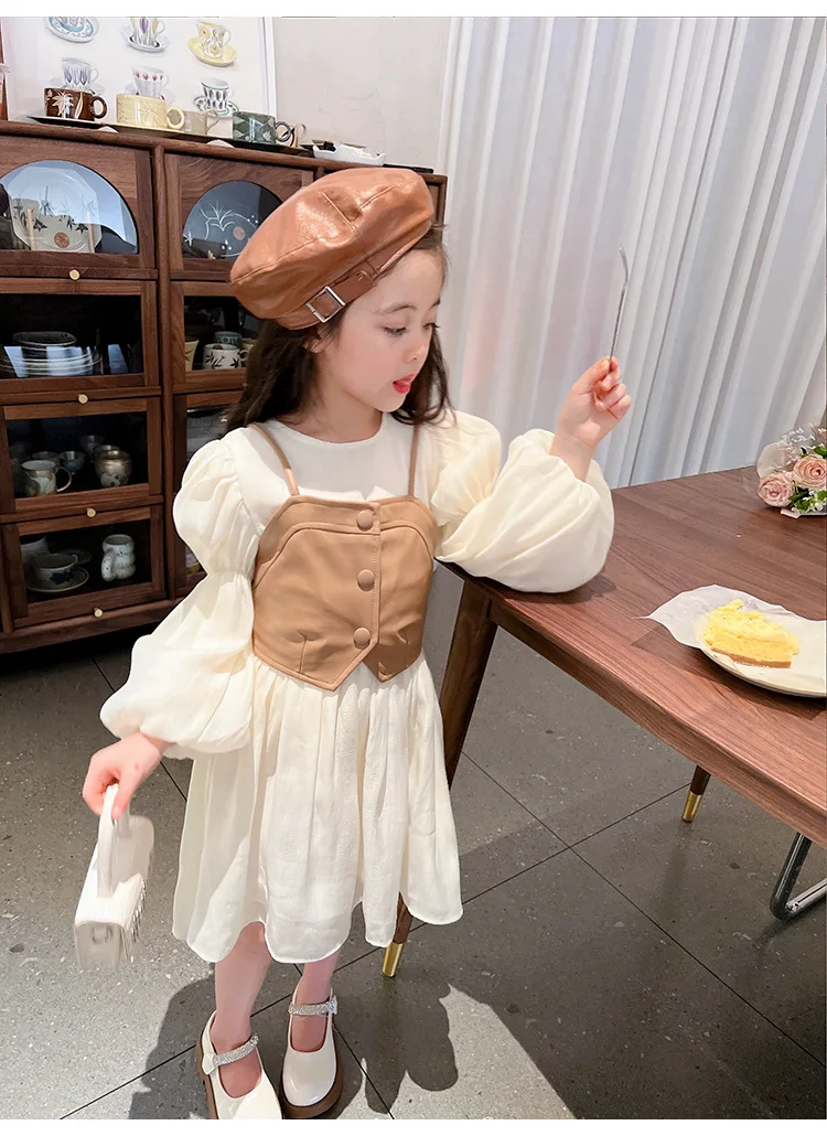 Mom and Daughter Parent-child Dresses 2022 Autumn School Girl Retro French Lantern Sleeve Dress Tube Top leather Vest Two-piece