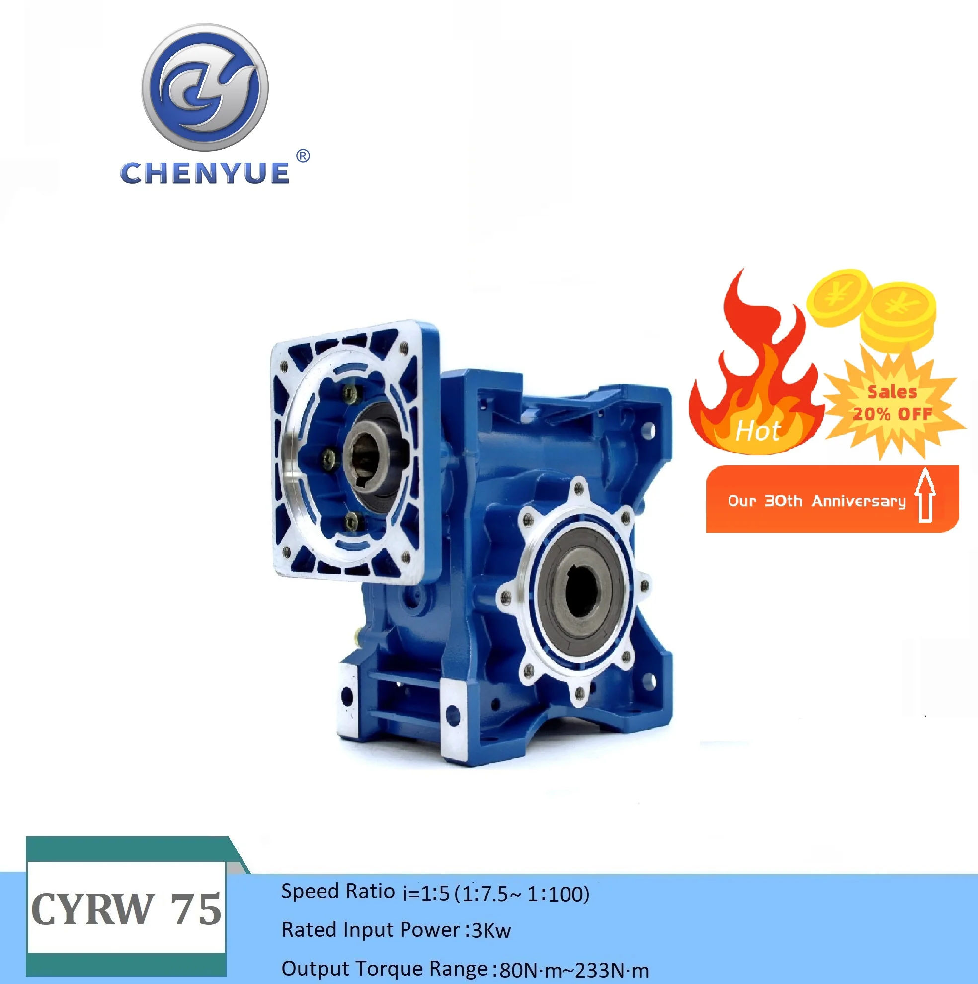 

Chenyue High Torque Worm Gearbox Speed Reducer NMRW75 CYRW75 Input 19/22/14/24/28mm Ratio 5-100 Tin bronze Worm Gear CNC