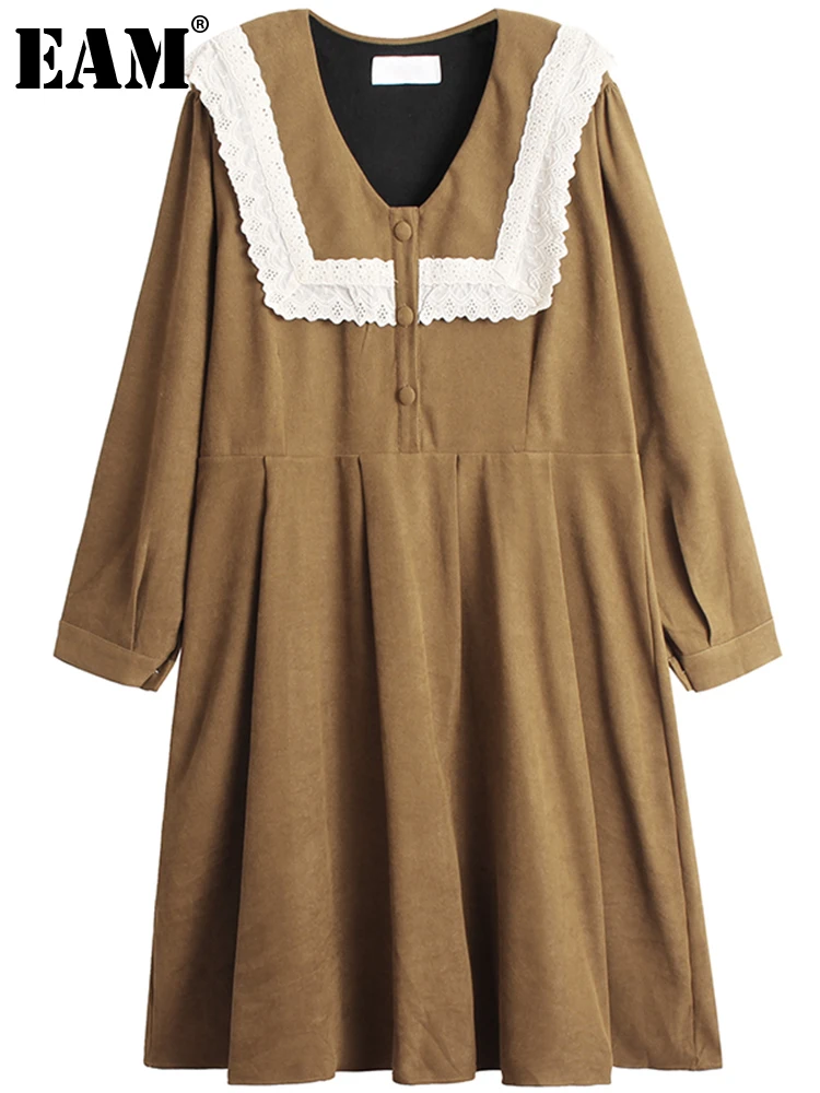 

[EAM] Women Yellow Pleated Vintage Big Size Long Dress New V-Neck Long Sleeve Loose Fit Fashion Tide Spring Autumn 2022 1DE6609