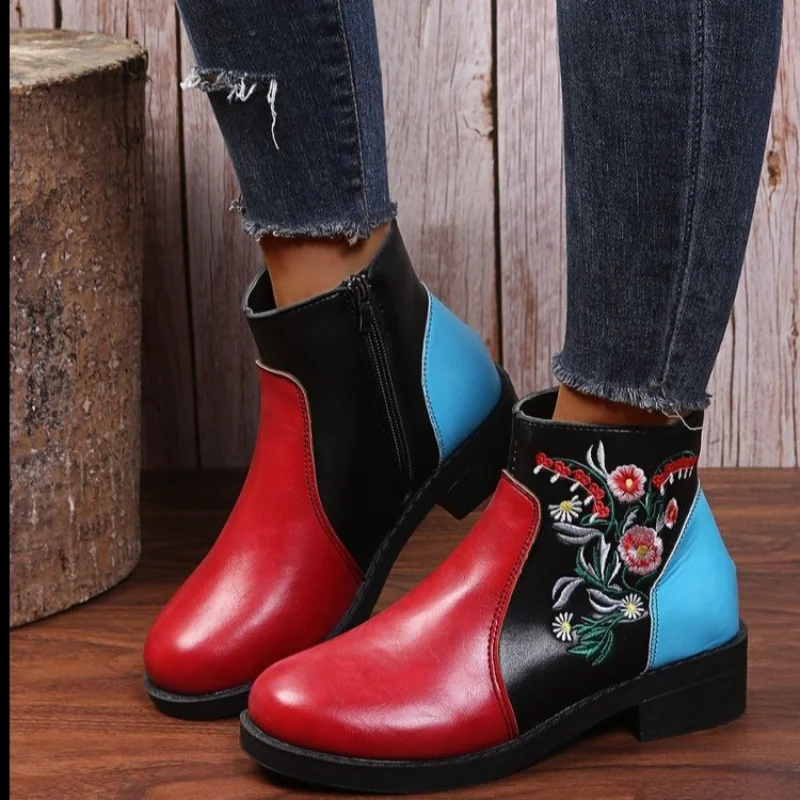 

Fashion Winter New Plus Size Thick Heel Boots Retro Democratic Wind Printing Stitching Round Head Tube Plus Velvet Women Boots