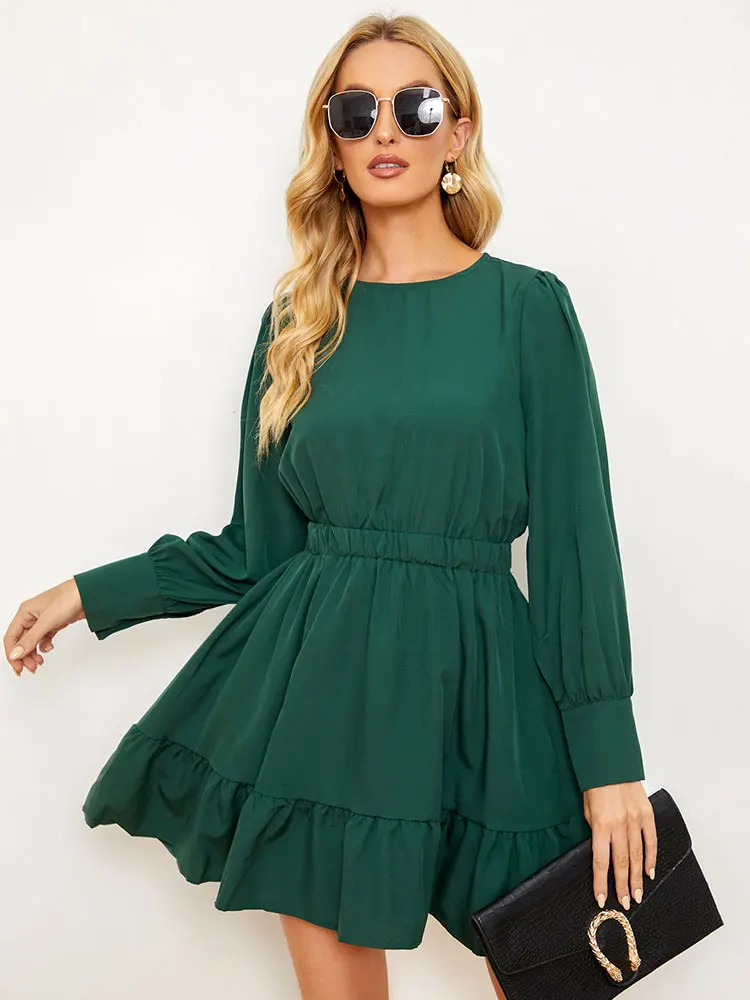 

Autumn Women Dress Solid Lantern Long Sleeve Round Neck Casual Fashion A-line Mini Dresses Vestidos De Mujer Robe Female Clohtes