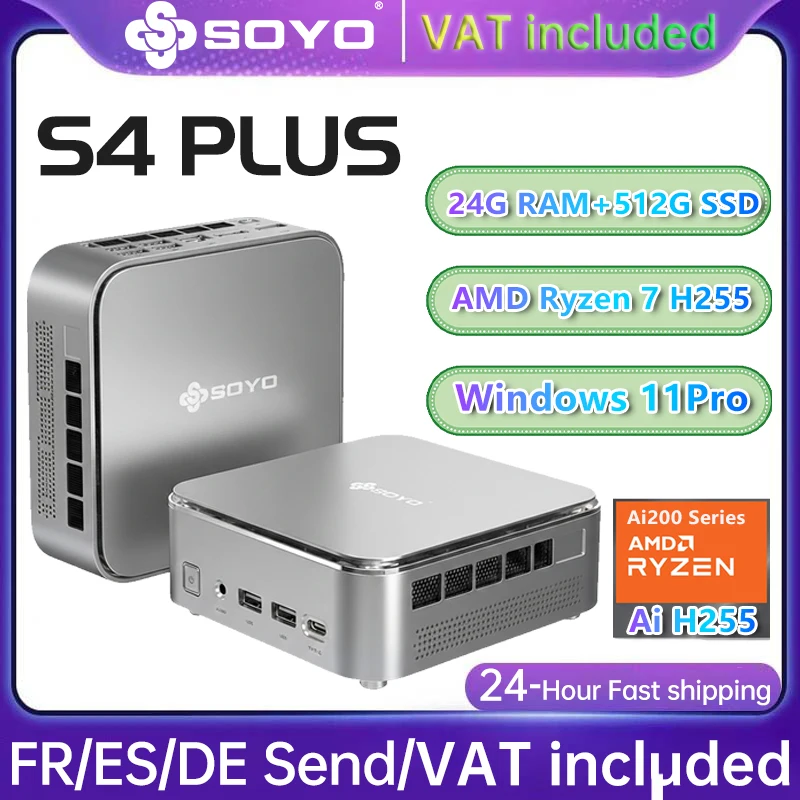 SOYO S4 PLUS MINI PC Ryzen 7 H255 DDR5 24GB SSD 512GB PCIe3.0 Nvme SSD WIFI6 BT5.2 8K HD Mini PC Diy Gaming Computer