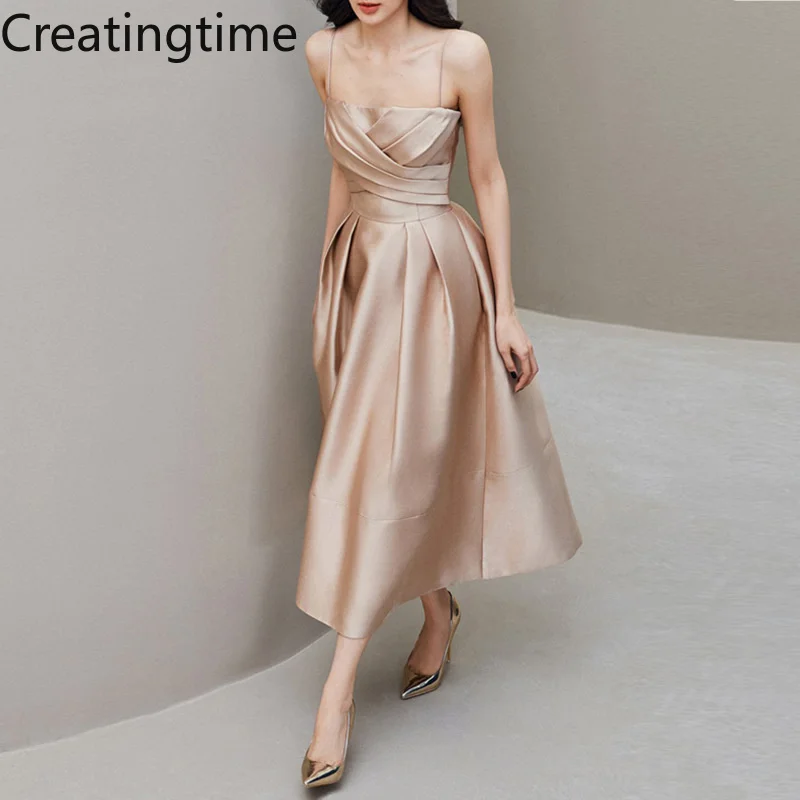 

Creatingtime 2022 Summer New Women's Champagne Sheath Pleated High Waist Elegant Party Spaghetti Strap Fashion Dress GA055