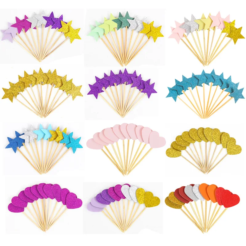 

20 шт. золотые блестящие топперы в форме сердца и звезд для капкейков для первого дня рождения, украшения для вечеринки, Детские свадебные принадлежности, топпер для торта