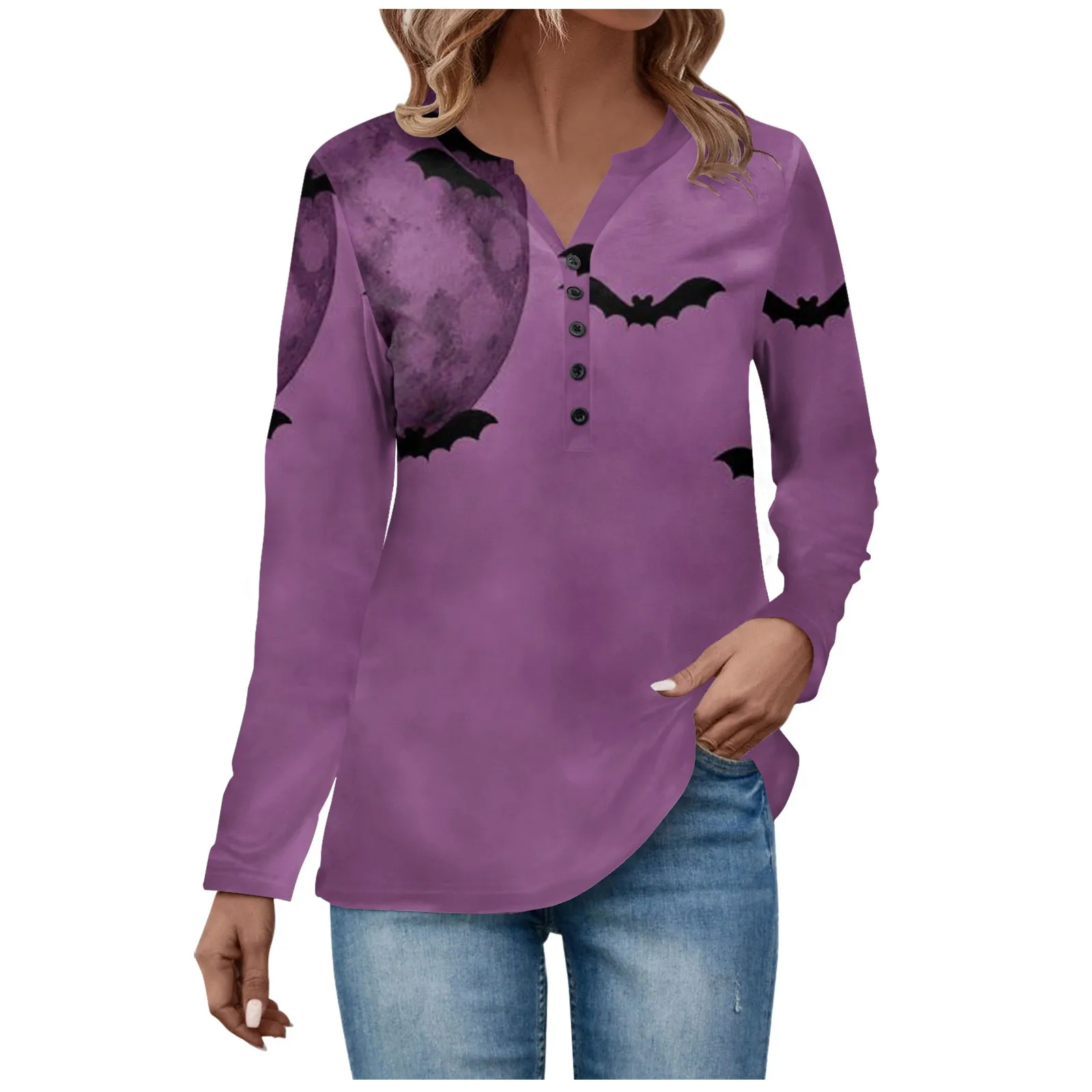 

V-neck Button T-shirt Women Halloween Bat Print Tops Autumn Long Sleeve Blouse Ladies Everyday Tees Female Pullover