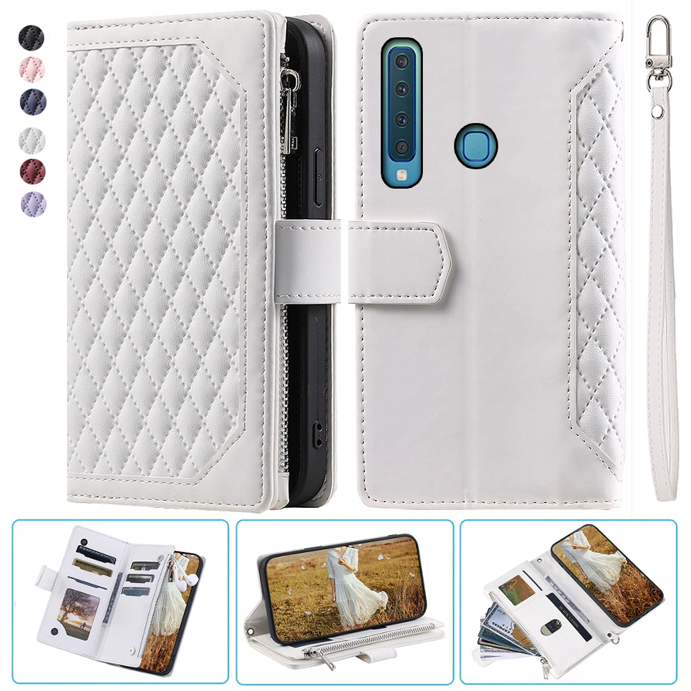 

For Samsung A9S Fashion Small Fragrance Zipper Wallet Leather Case Flip Cover Multi Card Slots Cover Folio with Wrist Strap