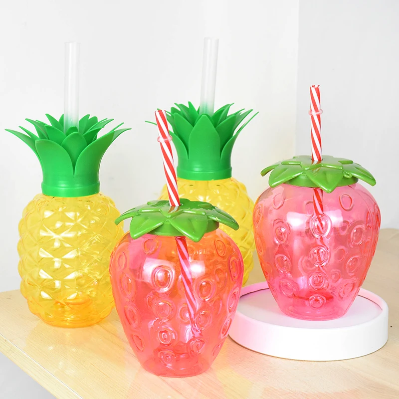 

Strawberry Pineapple Straw Water Bottle Cup Hawaiian Summer Party Juice Bottles Reusable Drinking Cup Beach Tropical Decoration