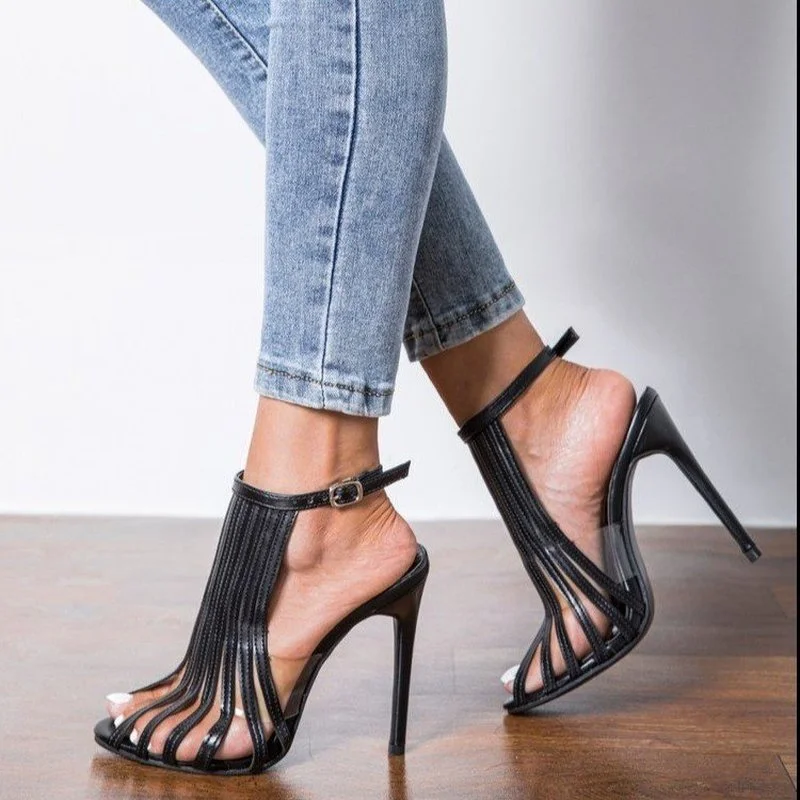 

Summer Women Shoes Fashion Open Toe Openwork Design Female High Heel Sandals One Word Buckle Sexy Women's Retro Roman Sandals