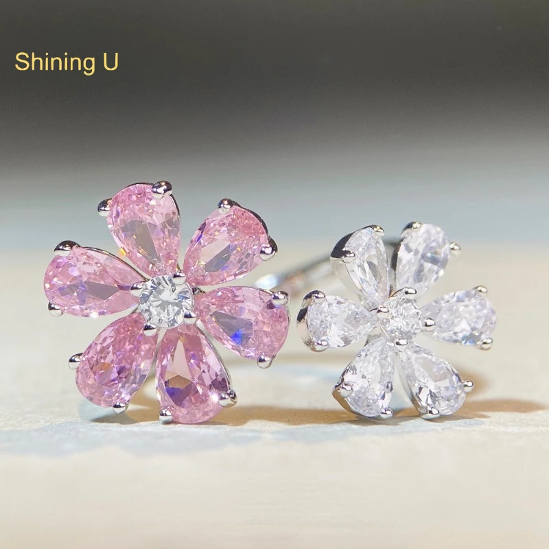 

Shining U S925 Silver Pink Floral Gems Open Ring for Women Fine Jewelry Gift SUR260