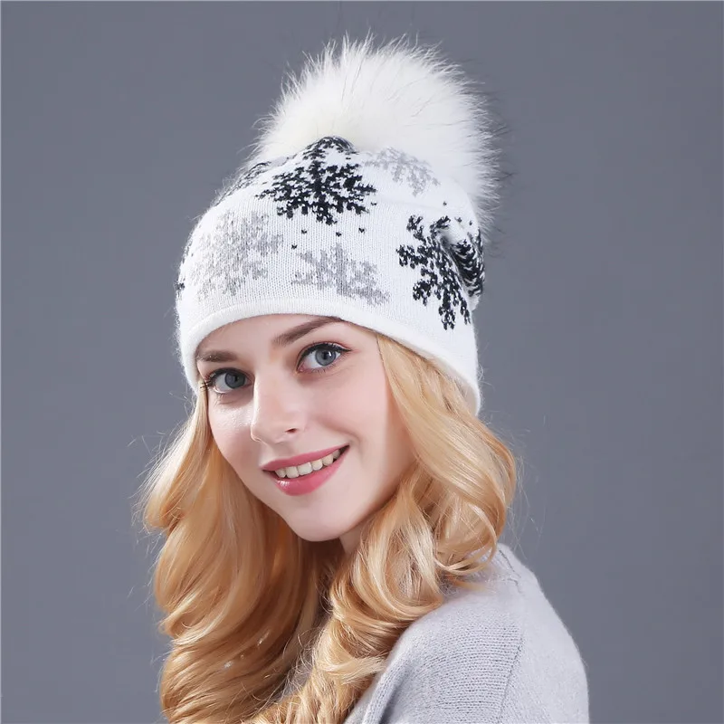 2021 New Snowflake Pompom Beanie Hat Christmas Gift Korean Winter Warm Knitting Thick Hat for Women and Men Valentine's Day Gift