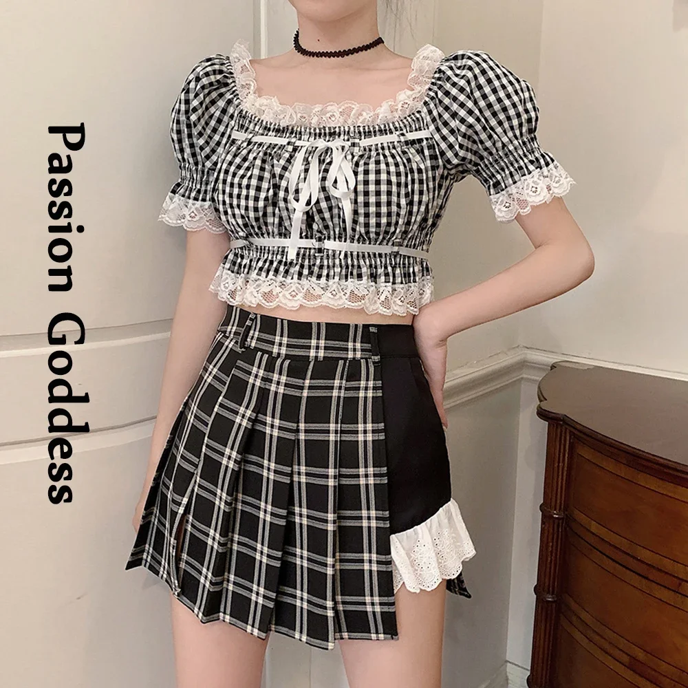 Женский кружевной комплект из 2 предметов в клетку короткий топ с оборками и юбка