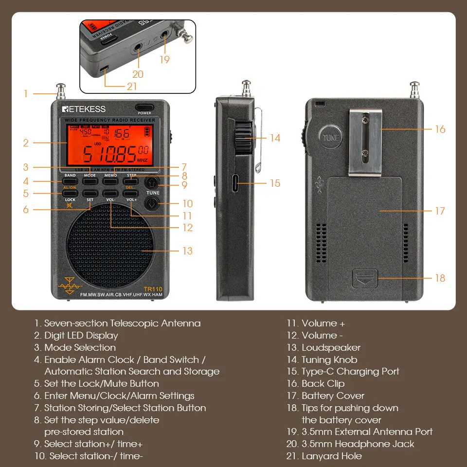 Retekess TR110 портативный SSB коротковолновый радио FM/MW/SW/LSB/AIR/CB/VHF/UHF Полный диапазон NOAA