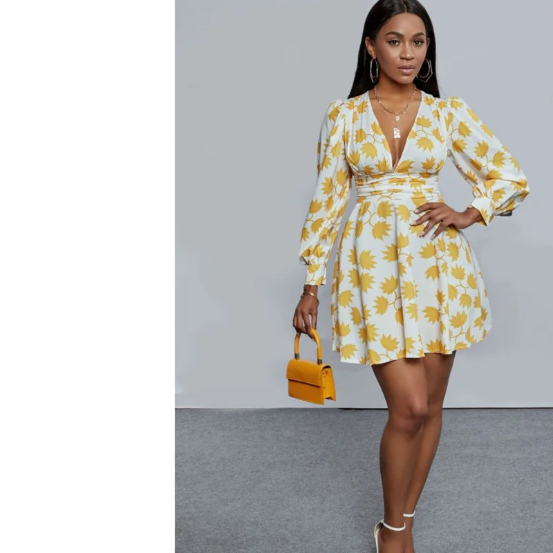 

Fashion Dress Deep V Neck Floral Print Mini A Line Cleavage Women Summer Long Sleeve Lady Outfits