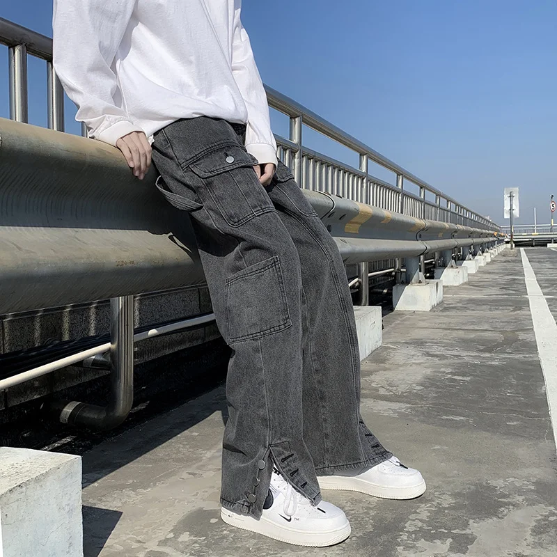 DEEPTOWN Black Cargo Jeans Men Retro Straight Denim Pants Pockets Button Trousers Male Fashion Streetwear Hip Hop Korean Spring