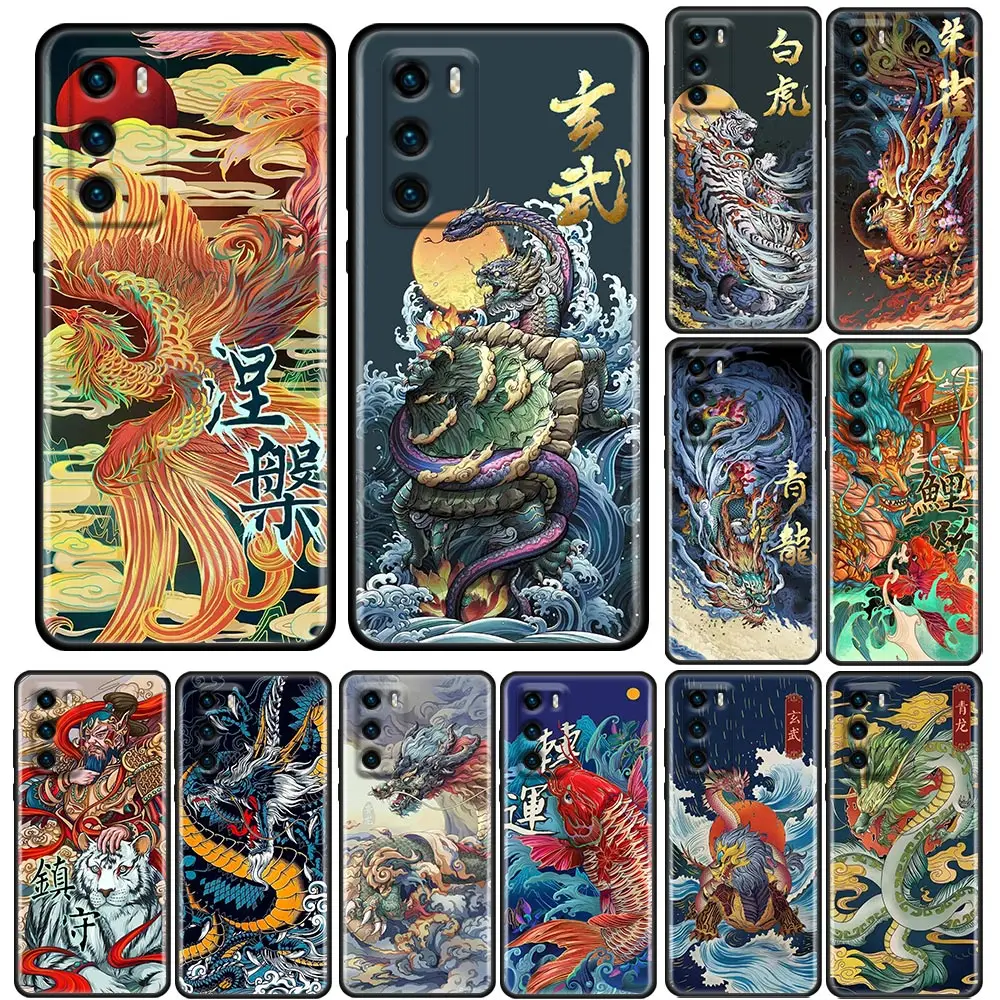 

Drawing Dragon Tiger Fish Birds Art Silicone Phone Case For Huawei P30 P40 P20 P10 Lite P50 Pro P Smart Z 2019 Soft Cover Coque