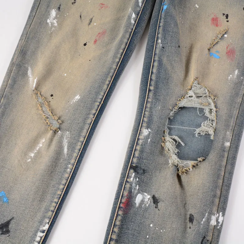 Streetwear Fashion Men Jeans Retro Washed Stretch Skinny Fit Hole Ripped Jeans Men Painted Designer Hip Hop Brand Pants Hombre
