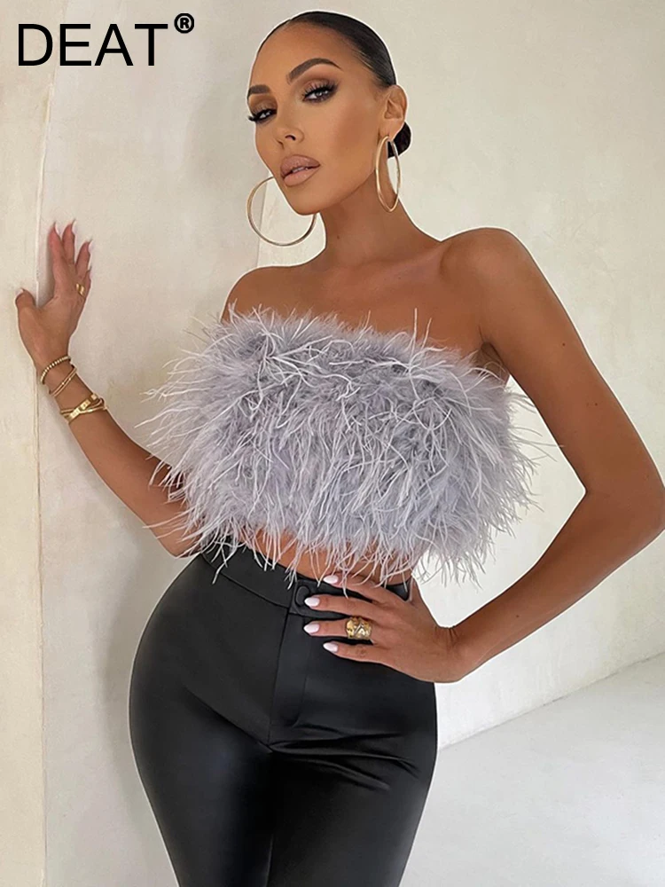 

Женский короткий топ без рукавов DEAT, однотонный топ составного кроя с открытой спиной и перьями, лето 2023