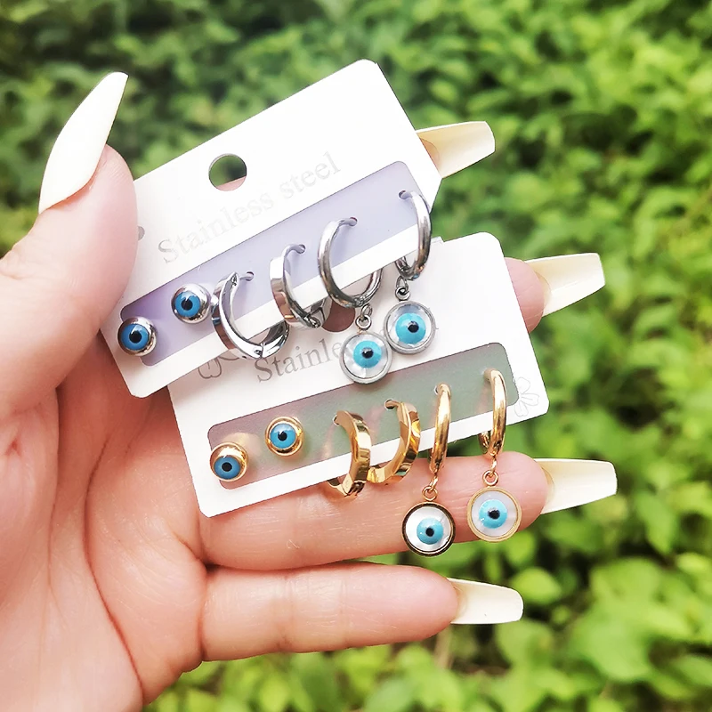 

SINLEERY Blue devil eye Earrings Set For Women Gold Silver Color Stainless steel Jewelry earrings 2022 accessories ES438 SSK