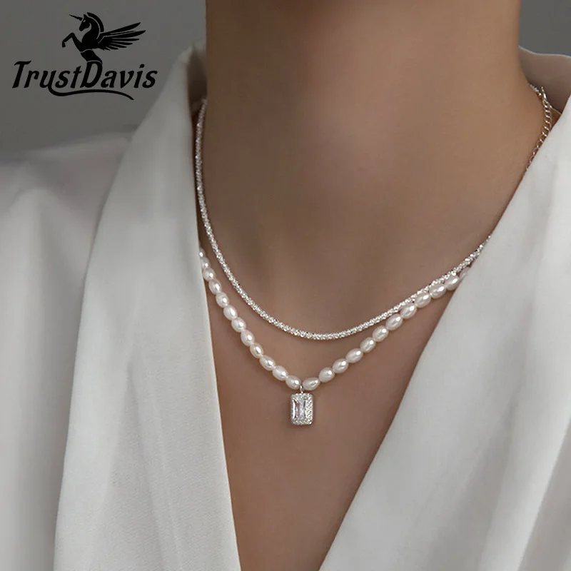 

TrustDavis Real 925 Sterling Silver Fashion Double-deck Chain Beads Necklace For Women Wedding Valentine's Day Jewelry DB349