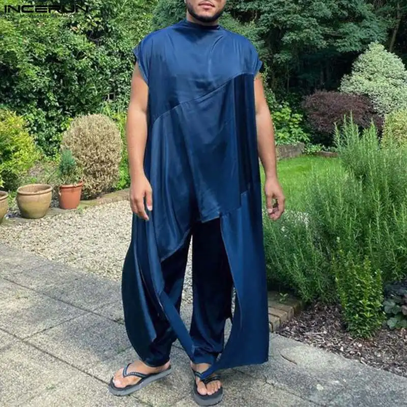 

INCERUN Men Sets Solid Color Muslim Clothing 2023 Turtleneck Short Sleeve Irregular Kaftan Robes & Pants 2PCS Satin Men's Suits